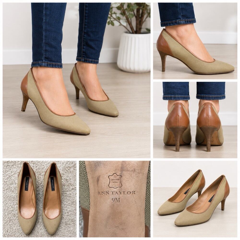 Ann Taylor Tan Leather Pointed Toe Heels Womens 9 Classic Pumps